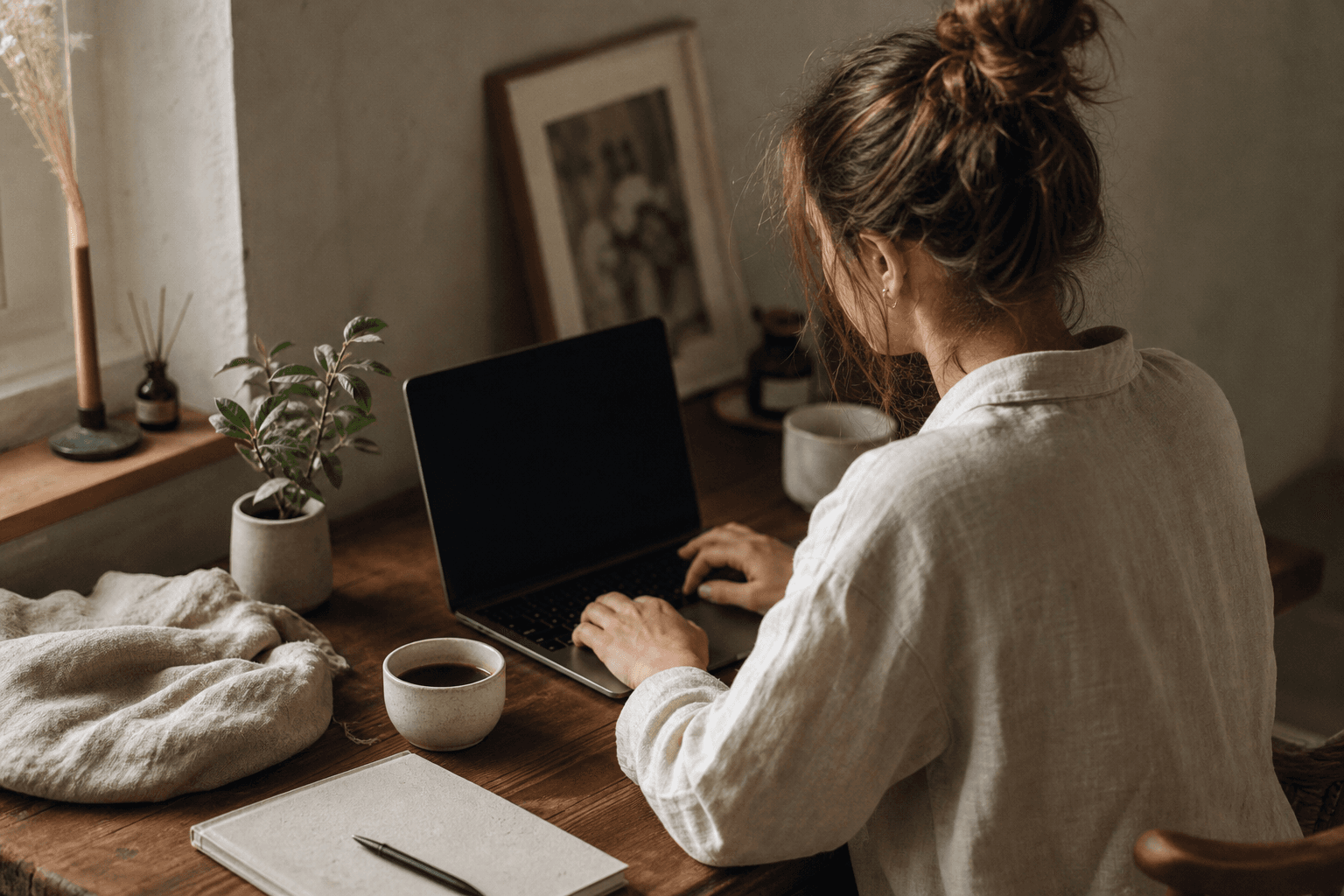 A person writing at a sunlit wooden desk on a laptop, coffee and notebook nearby.
